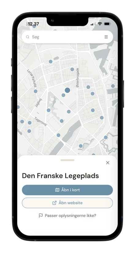 Skærmbillede af Tiny Guide-appen med Den Franske Legeplads