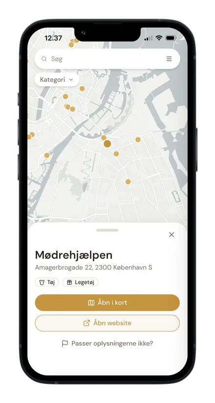 Skærmbillede af Tiny Guide-appen med Mødrehjælpen, en butik med børnetøj og legetøj