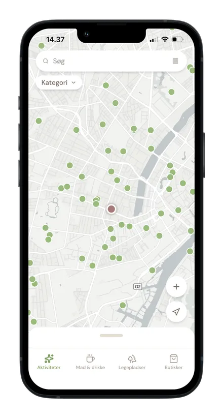 Skærmbillede af Tiny Guide-appen med et kort over aktiviteter i København